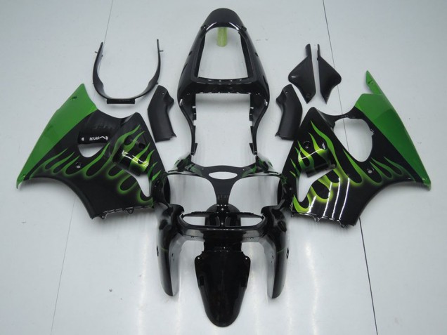 Black with Green Flame 00-02 Kawasaki ZX6R Motorcycle Fairings Black with Green Flame 00-02 Kawasaki ZX6R Motorcycle Fairings