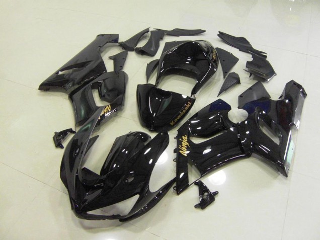 Glossy Black Gold Decals 05-06 Kawasaki ZX6R Motorcycle Fairings Glossy Black Gold Decals 05-06 Kawasaki ZX6R Motorcycle Fairings