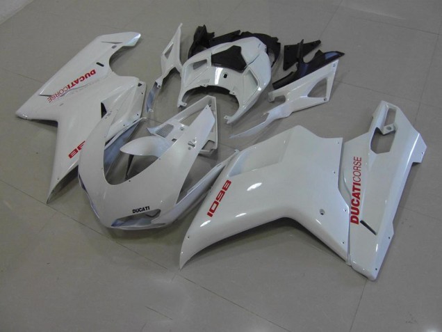 Pearl White with Red Decals 07-14 Ducati 848 1098 1198 Motorcycle Fairings Pearl White with Red Decals 07-14 Ducati 848 1098 1198 Motorcycle Fairings
