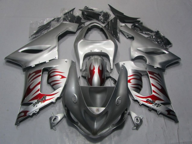 Silver Red Flame Ninja 05-06 Kawasaki ZX6R Motorcycle Fairings Silver Red Flame Ninja 05-06 Kawasaki ZX6R Motorcycle Fairings