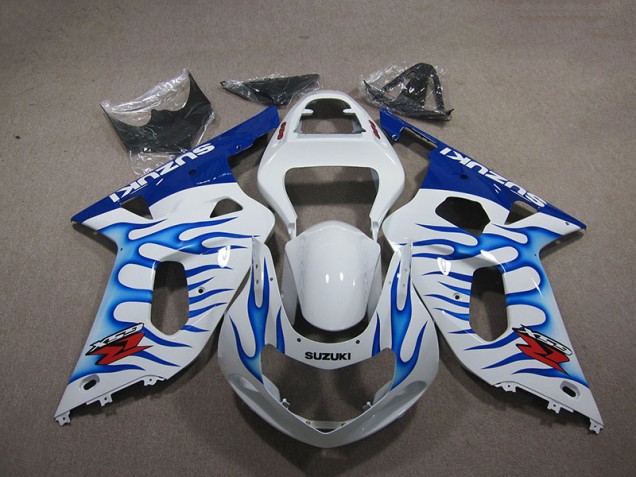 White Blue Flame 01-03 Suzuki GSXR 750 Motorcycle Fairings White Blue Flame 01-03 Suzuki GSXR 750 Motorcycle Fairings