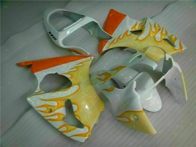 White Yellow Flame 00-02 Kawasaki ZX6R Motorcycle Fairings