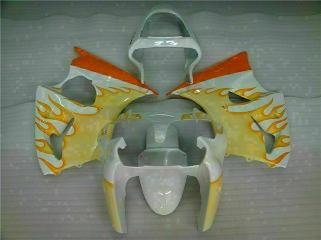White Yellow Flame 00-02 Kawasaki ZX6R Motorcycle Fairings