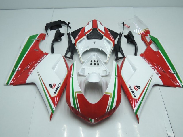 White and Red with Green Stripe 07-14 Ducati 848 1098 1198 Motorcycle Fairings White and Red with Green Stripe 07-14 Ducati 848 1098 1198 Motorcycle Fairings